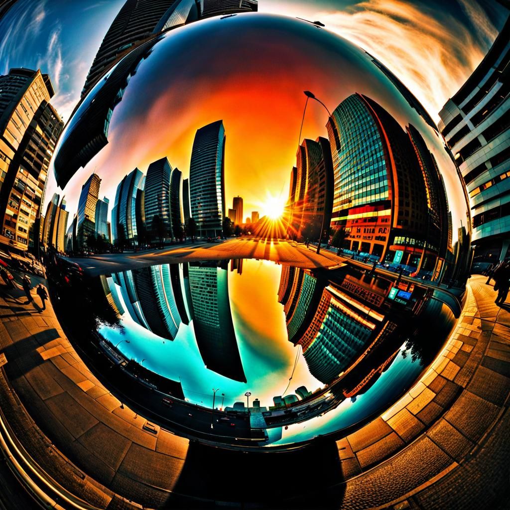 Hyperrealistic Fisheye City at Sunrise