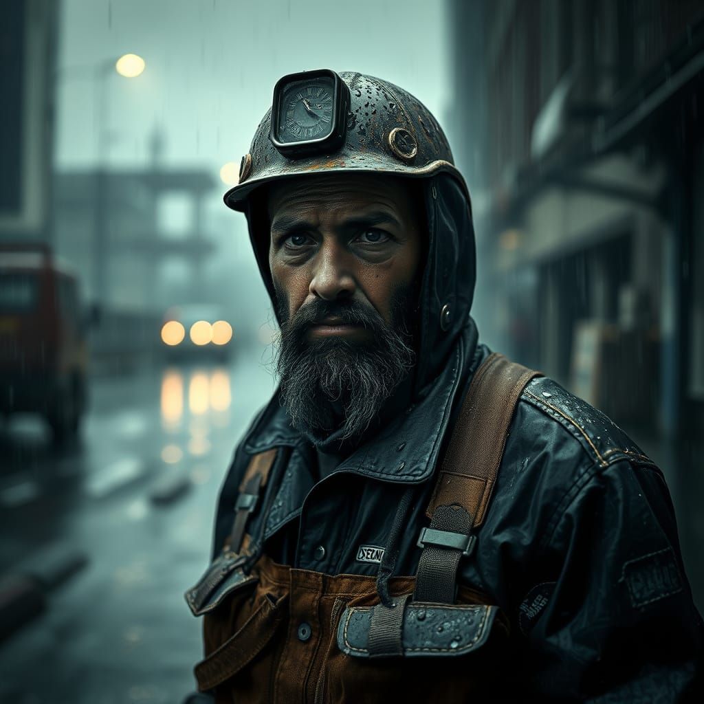 Worker Drenched in Rain, Hyperrealistic Moody Scene
