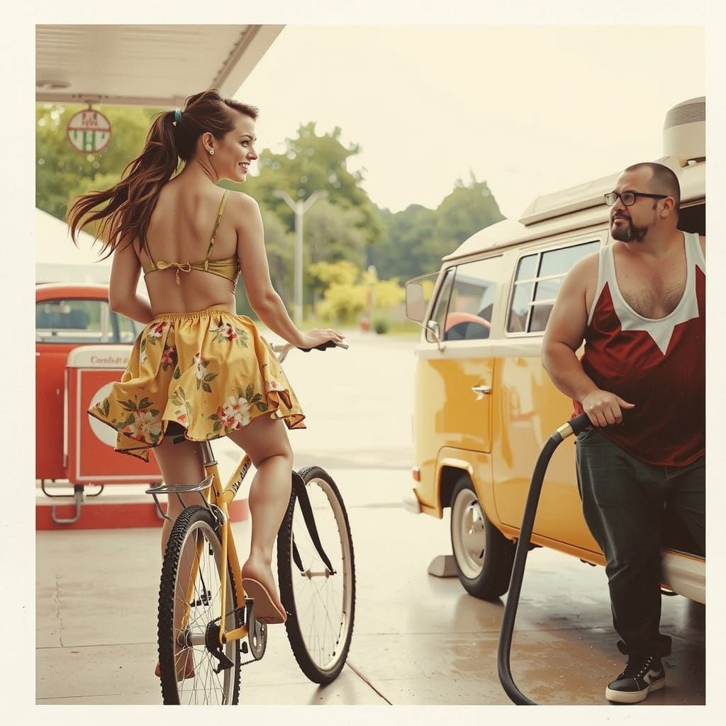 Vintage Gas Station Mishap in Street Art Style