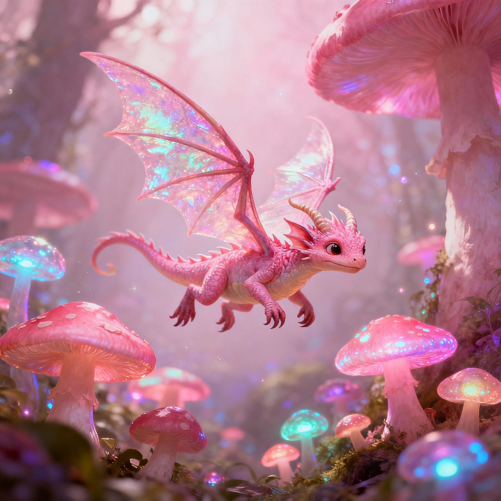 Adorable Pink Fairy Dragon Flies Through Magical Mushrooms