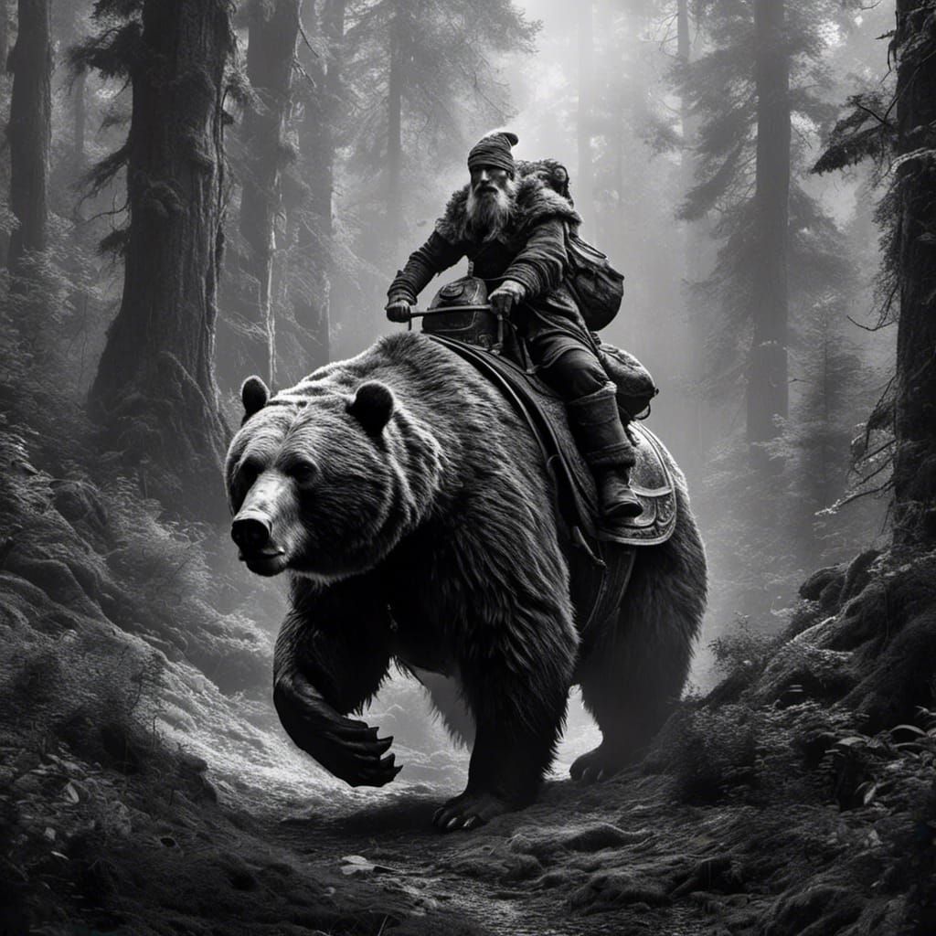 Gnome Riding Bear in Forest: Black and White Line Drawing