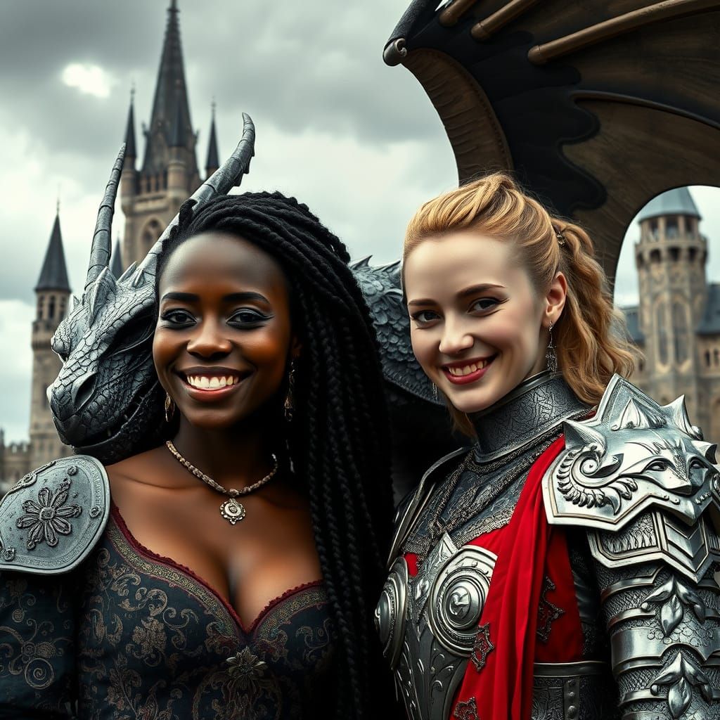 Dragon, Women, and Castle in Pre-Raphaelite Style