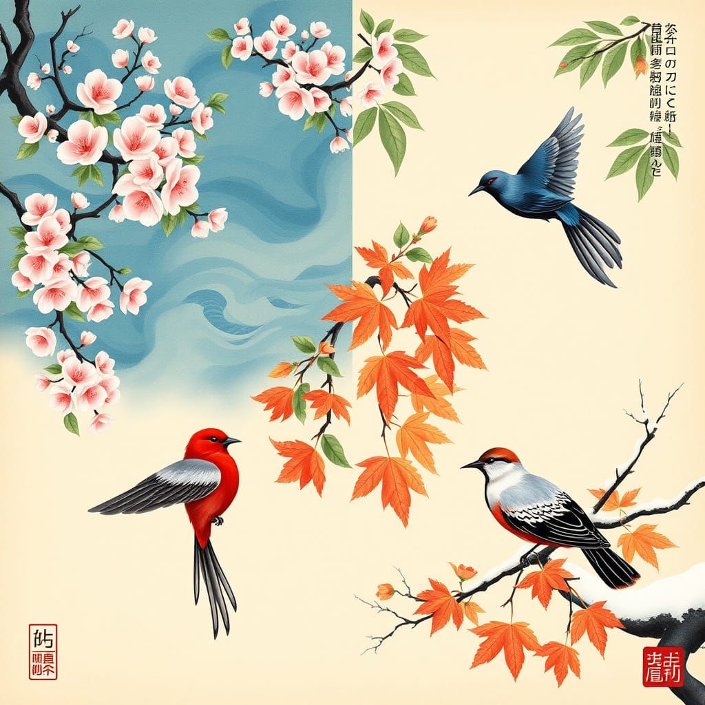 Four Seasons Birds in Traditional Japanese Ink Wash Style