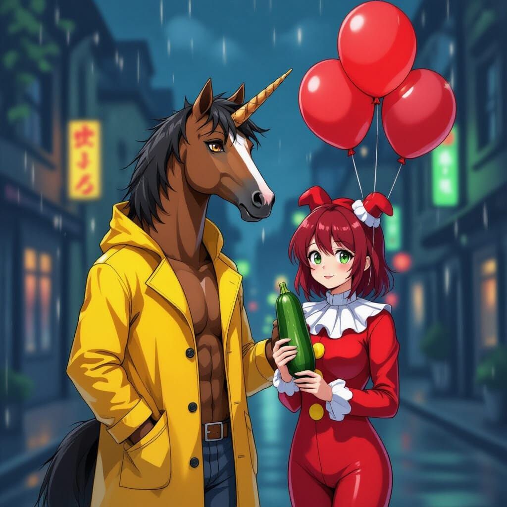 Centaur in Yellow Raincoat with Red Balloons Anime Style