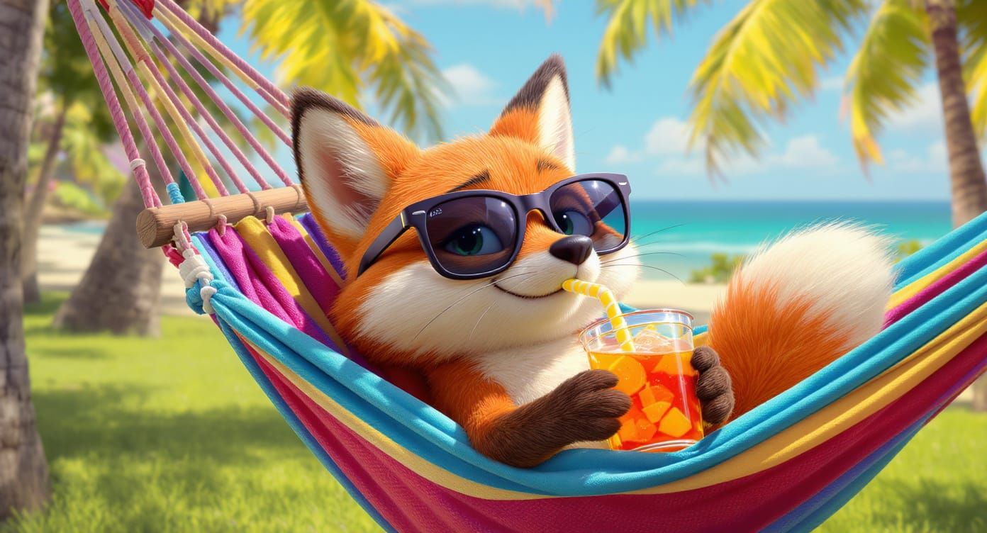 Fox Sipping Iced Tea in Pixar Animation Style