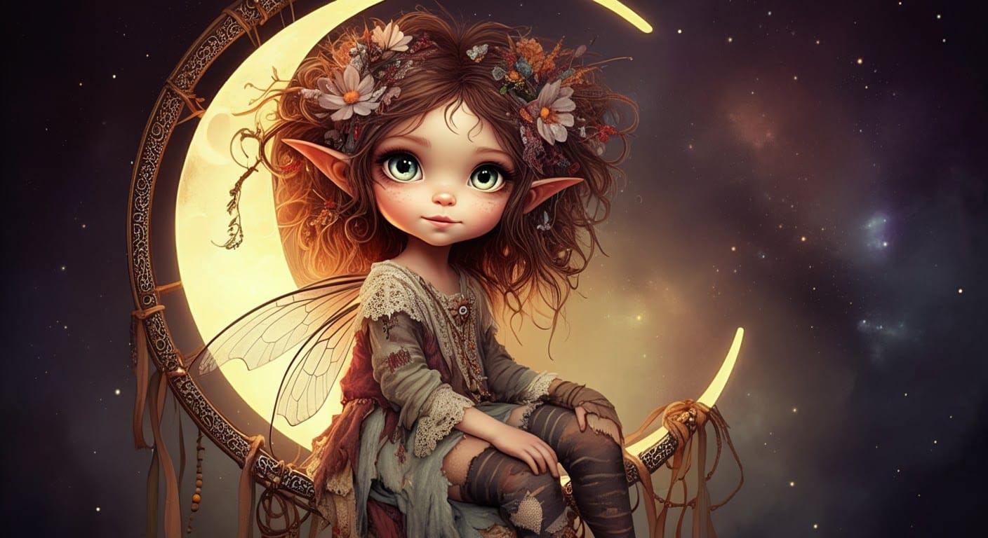 Whimsical Boho Witch Pixie in Celestial Scene