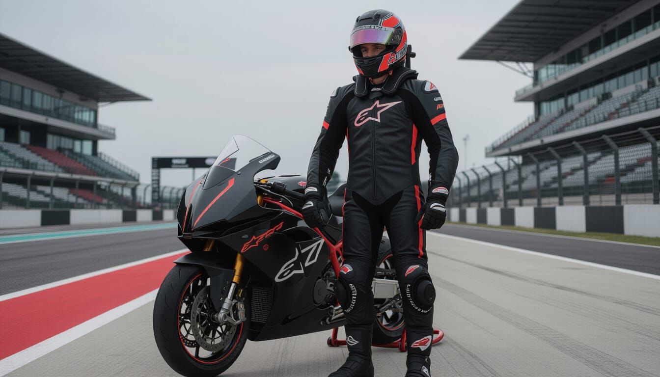Motorcycle Racer in Alpinestars Leathers in Pit Lane