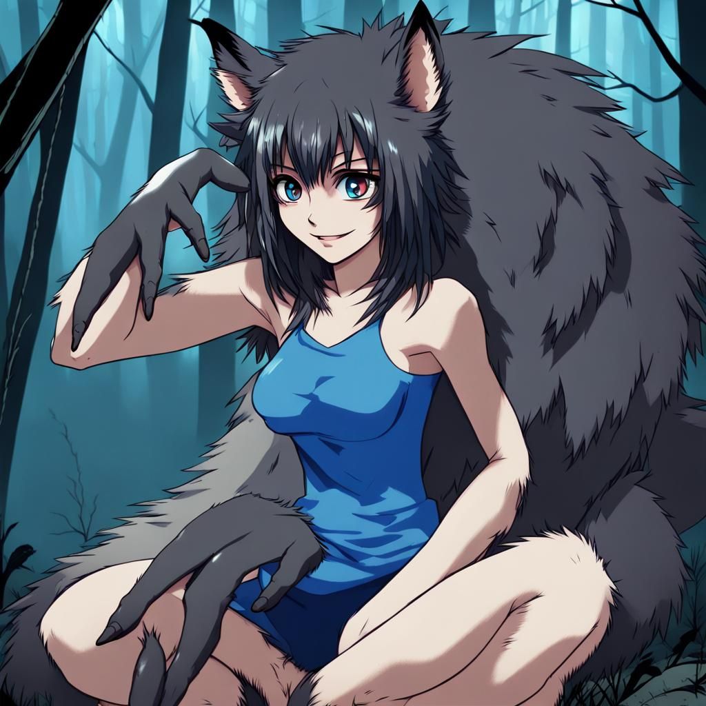 Anime Girl Transformed into Werewolf in Dark Forest