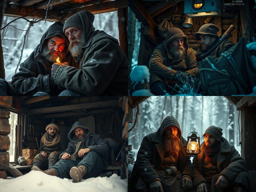 Homeless Men in Winter Shack: Cinematic Film Still