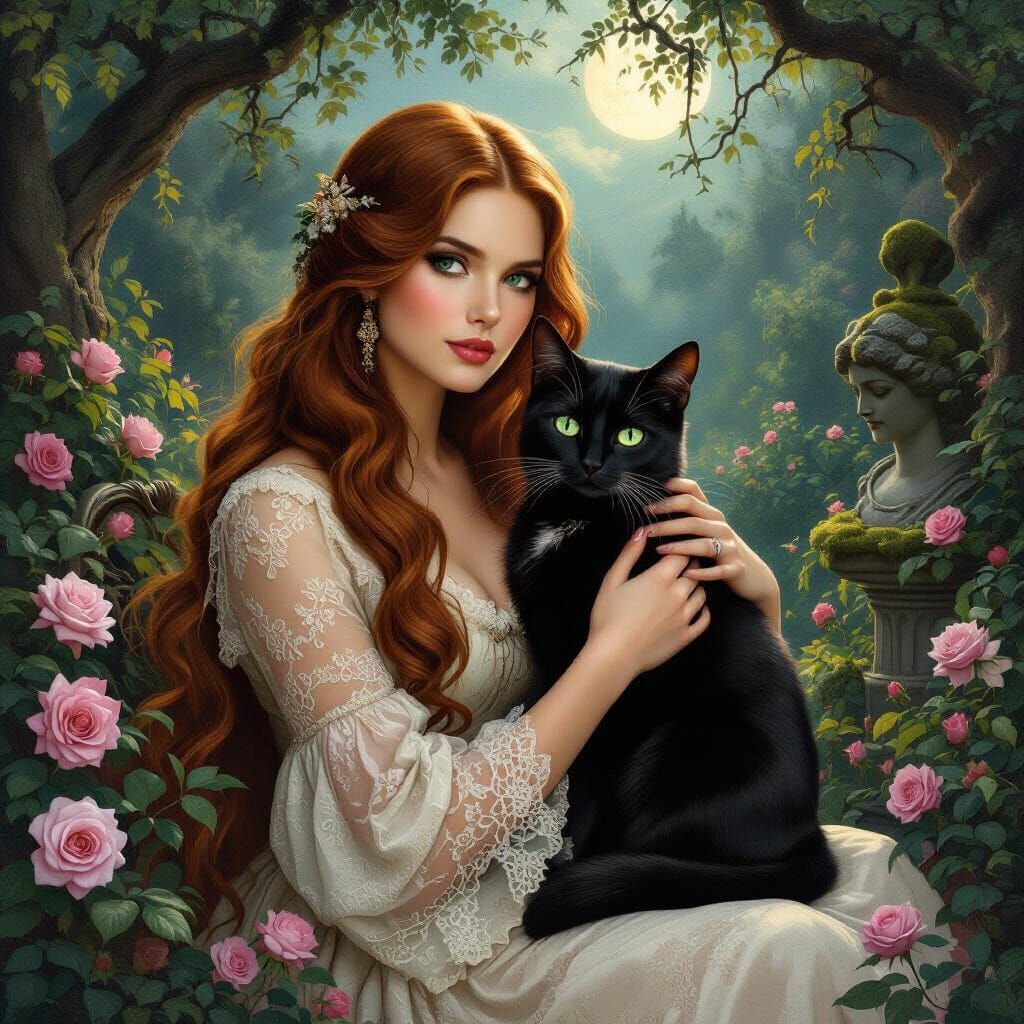 Woman and Cat in Secret Garden at Dusk