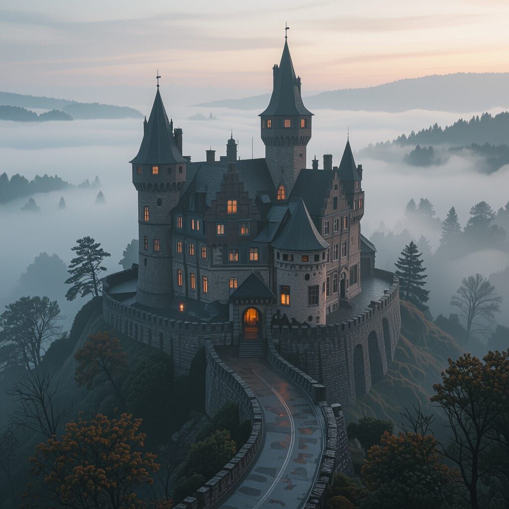 Spooky Castle in Foggy Landscape, Aerial View