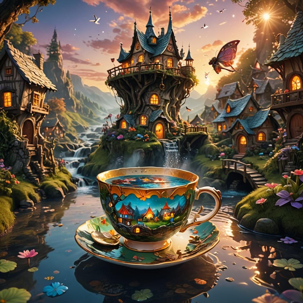 Magical Teacup Fairy Village at Sunrise