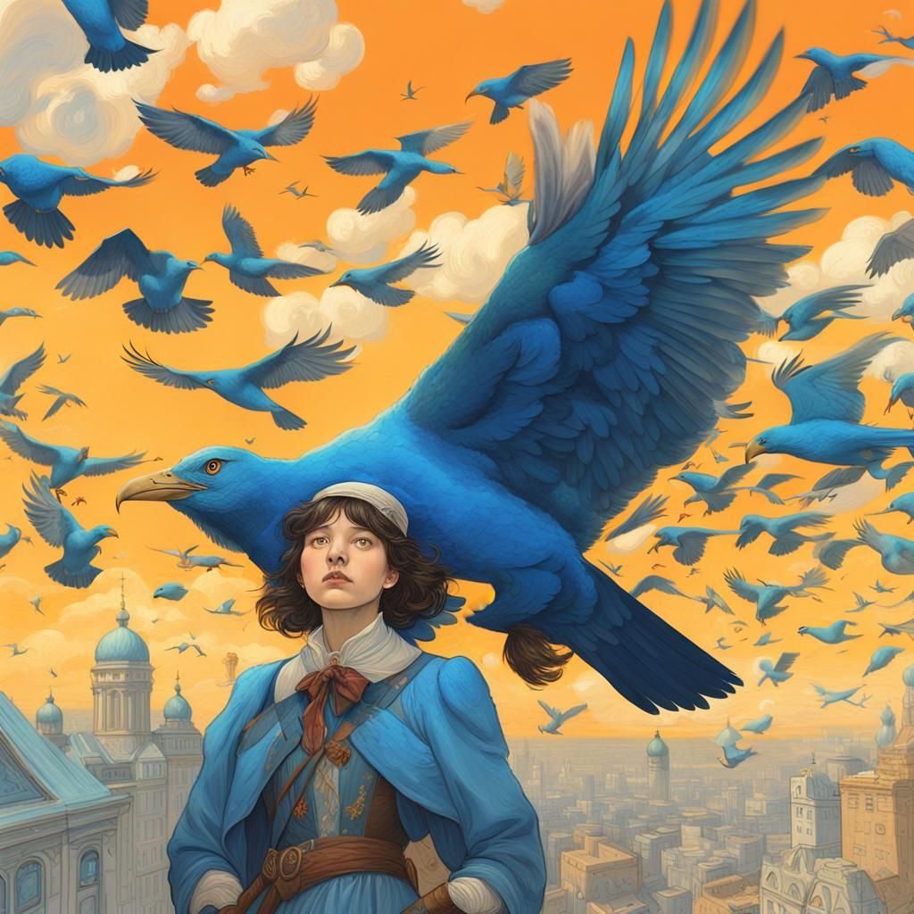 Surreal Dream: Woman and Giant Bird in Pastel Anime Style