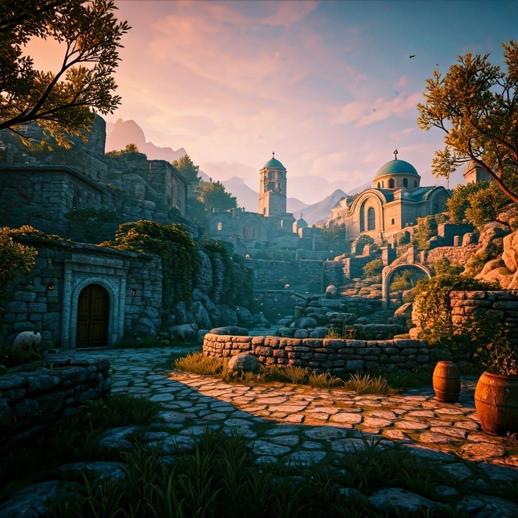 Arcadian Village with Sheep: A Greek Mythology Scene