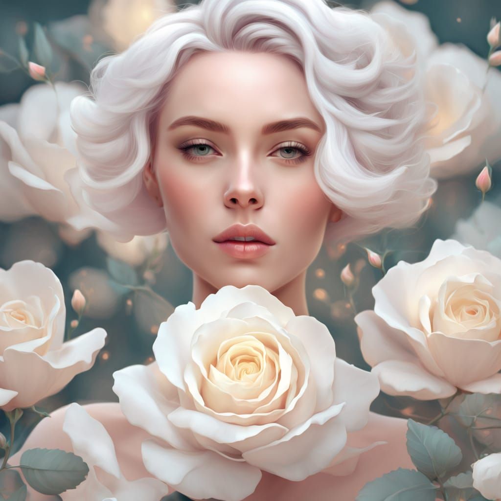 Woman with White Rose Hairstyle in Pastel Colors