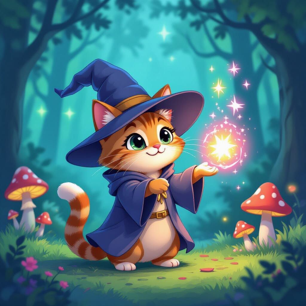 Magical Cat Wizard in Enchanted Forest, Disney Style