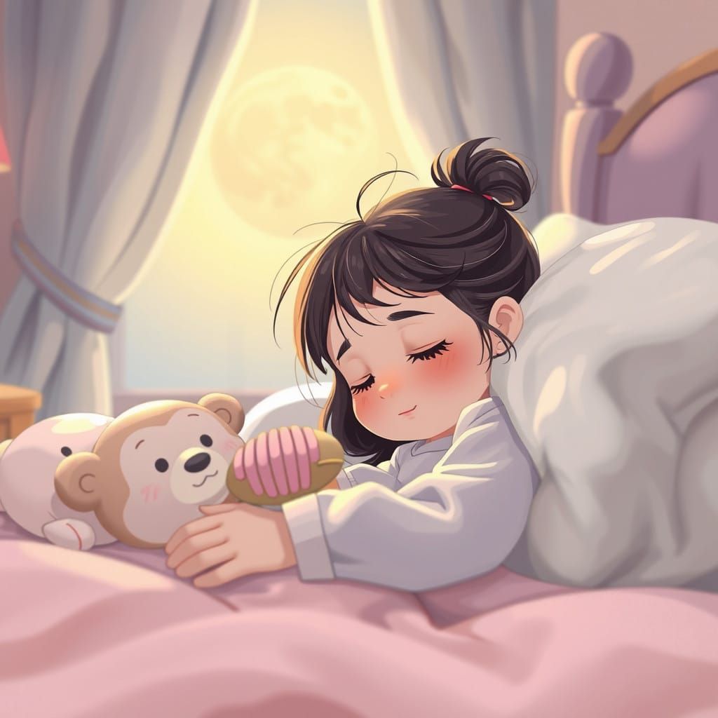 Dreamy Cozy Nighttime Scene with a Snuggled Girl and Gentle....