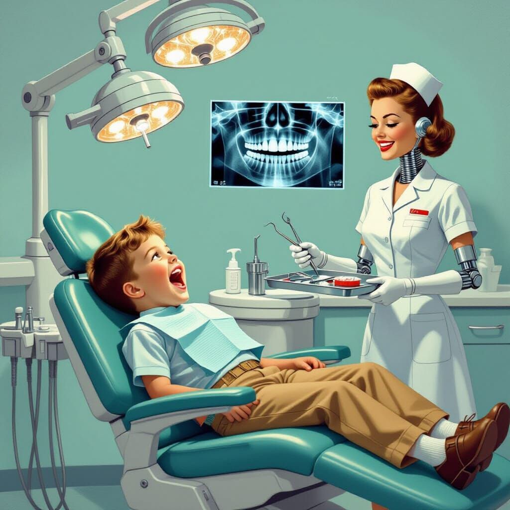 Retro Robot Dentist Visit in Rockwell Style