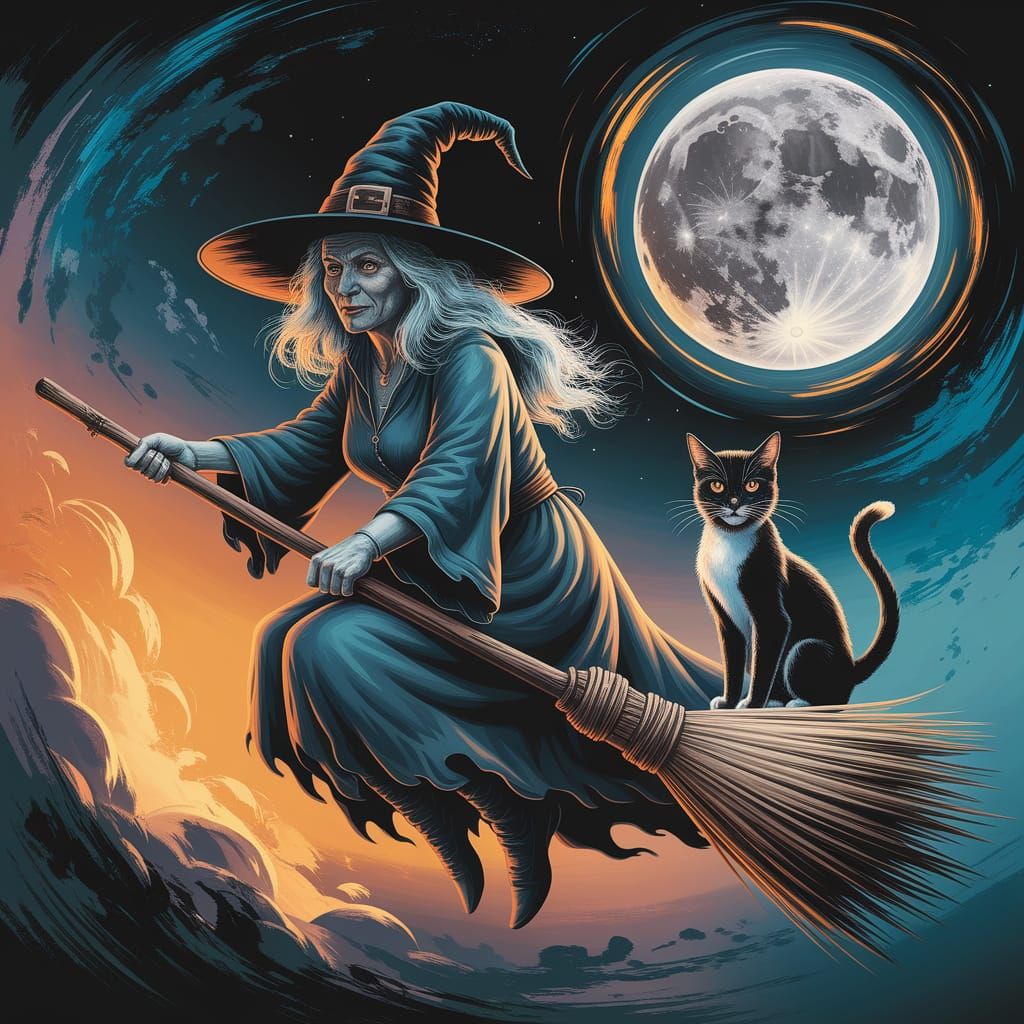 Witch and Cat Soaring Through the Night Sky