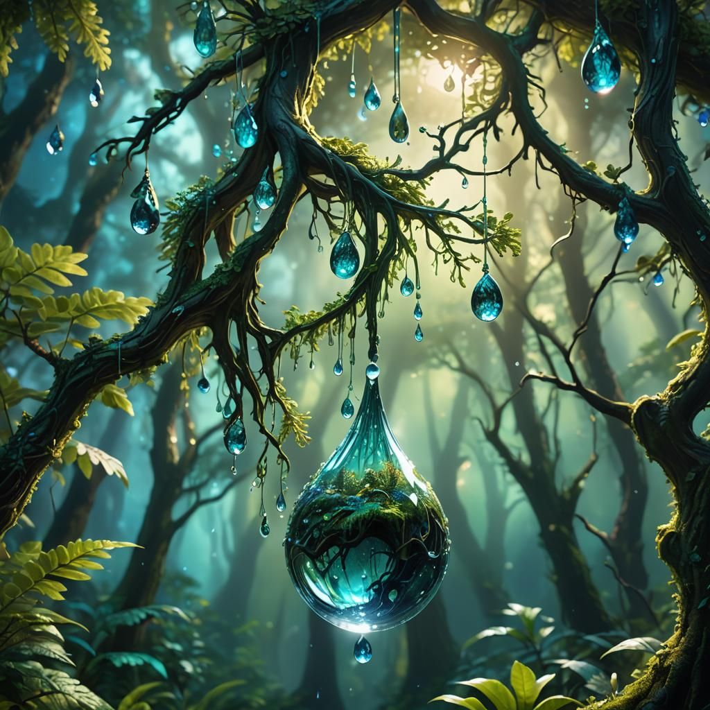 Miniature Forest Inside a Water Droplet: Fantasy Art