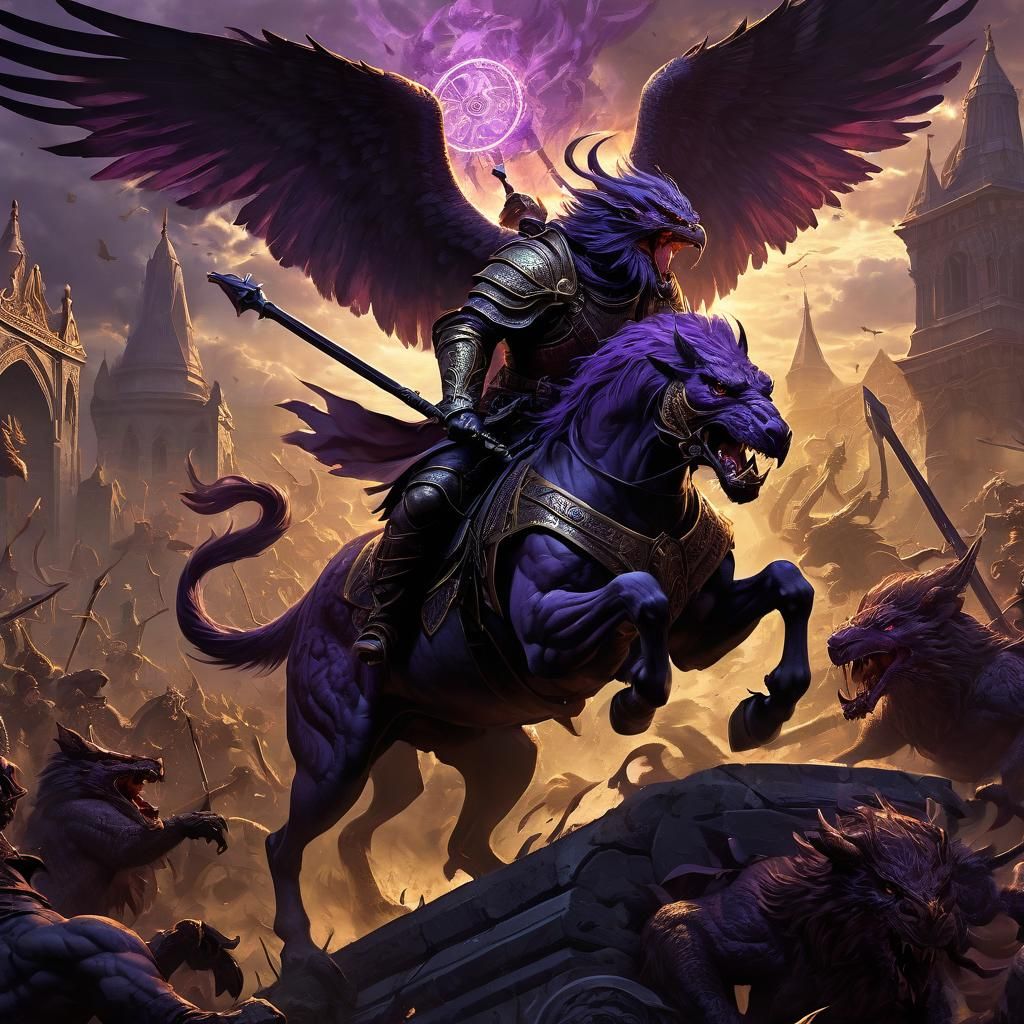 Gryphon Rider Battles Demons in Dark Fantasy Art