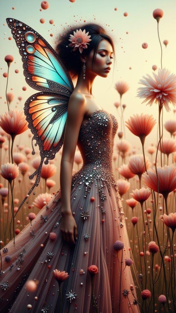 Butterfly Woman in Polka Dot Meadow, Magical Surrealism