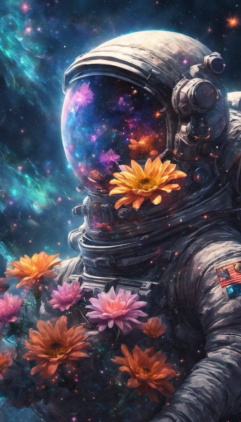 Flowers in Astronaut Helmet, Digital Art