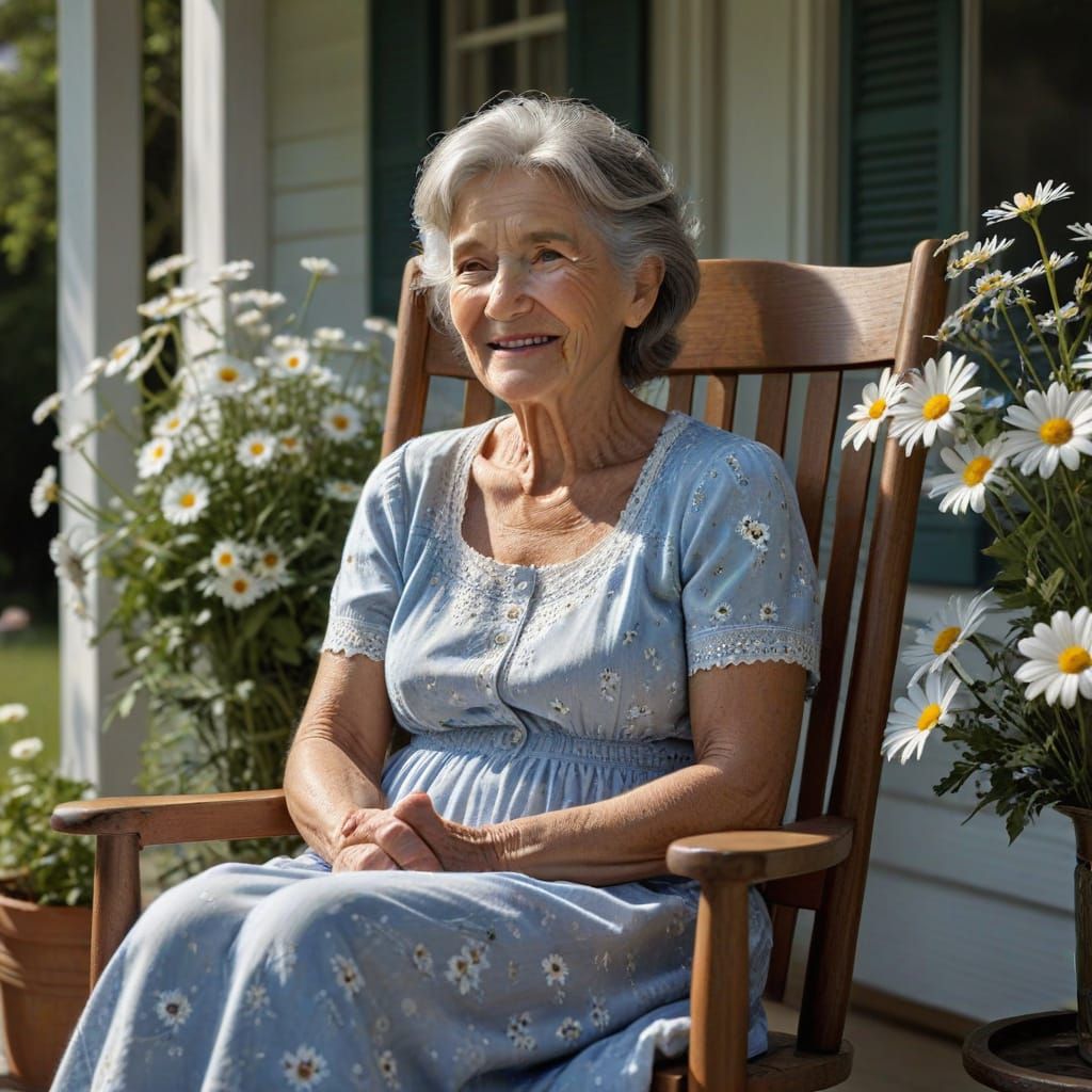 Photorealistic Grandmother Telling Stories on Flower Porch