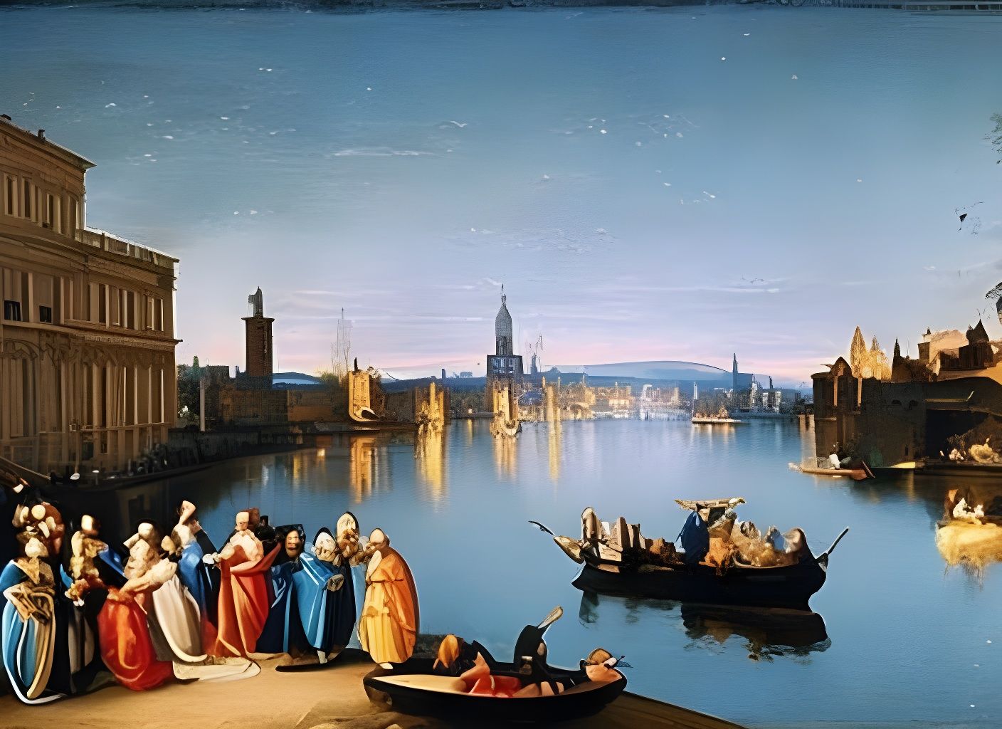 Fireworks Reflected in River: Renaissance Baroque Painting