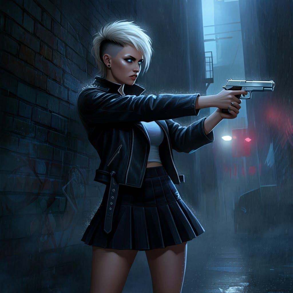 Punk Woman in Urban Setting with Noir Style