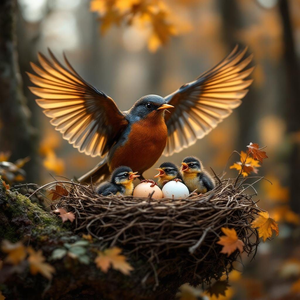 Robin Feeding Chicks at Sunset