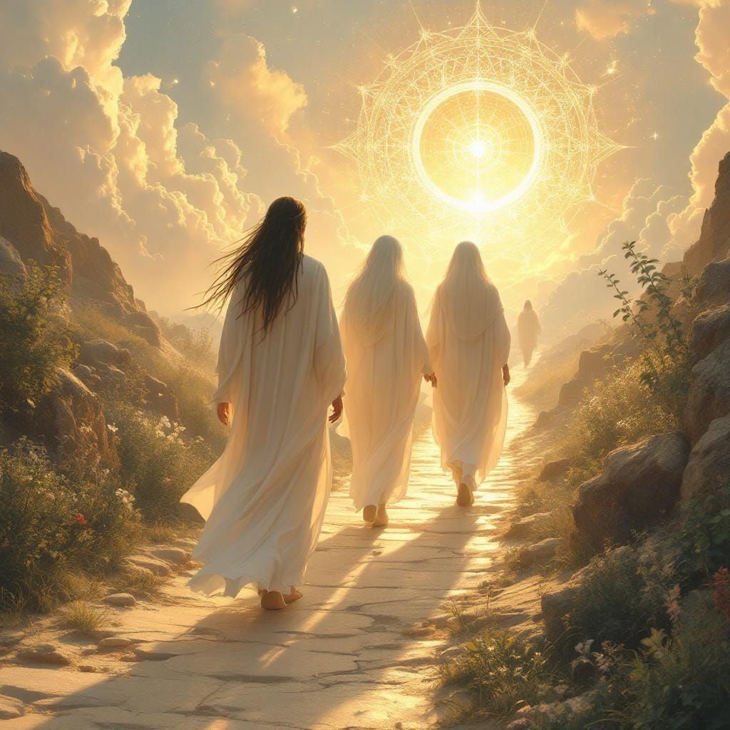 Angelic Figures Walk Sacred Path in Golden Light