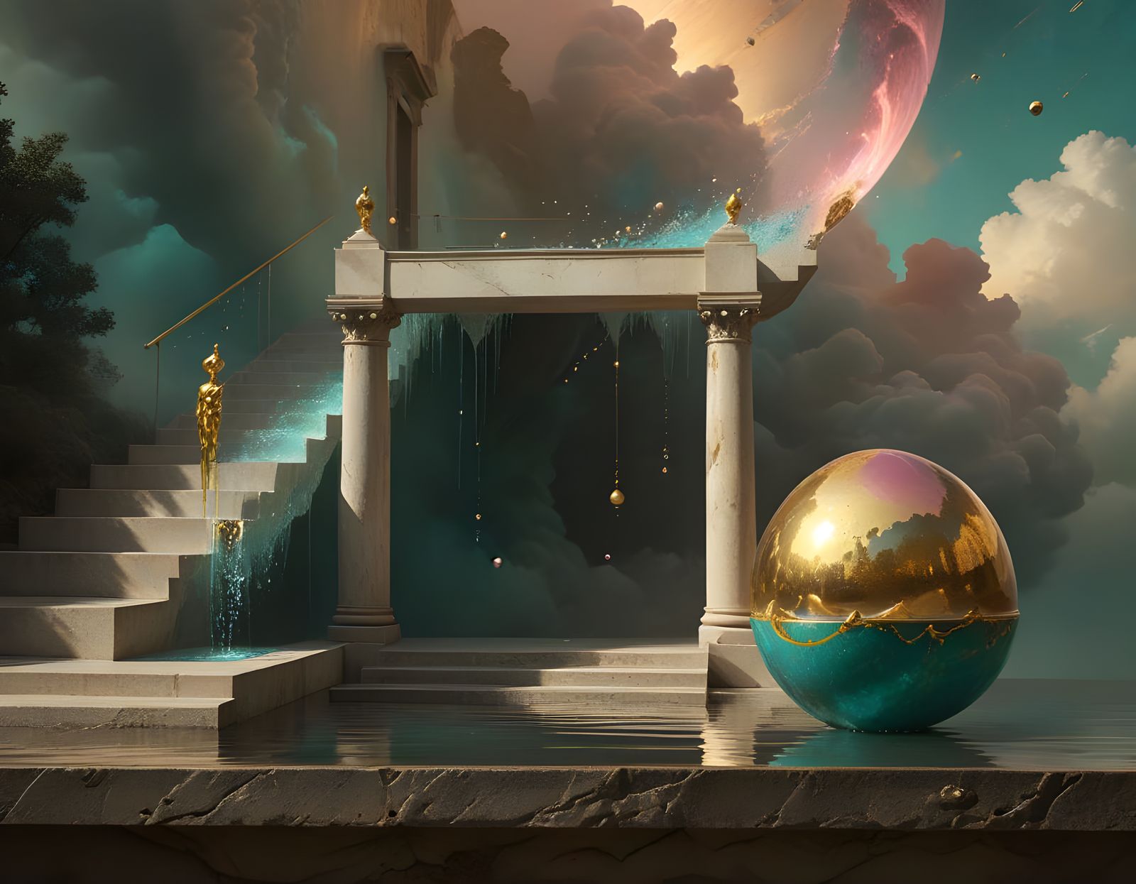 Cosmic Egg Fountain in Shadow-Light Style