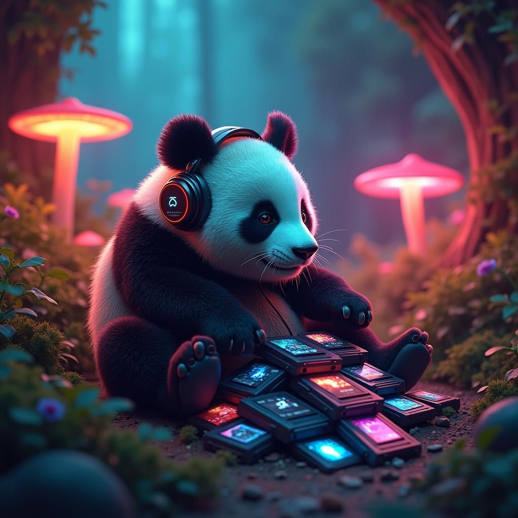Panda Gamer in Neon Lair: Digital Art