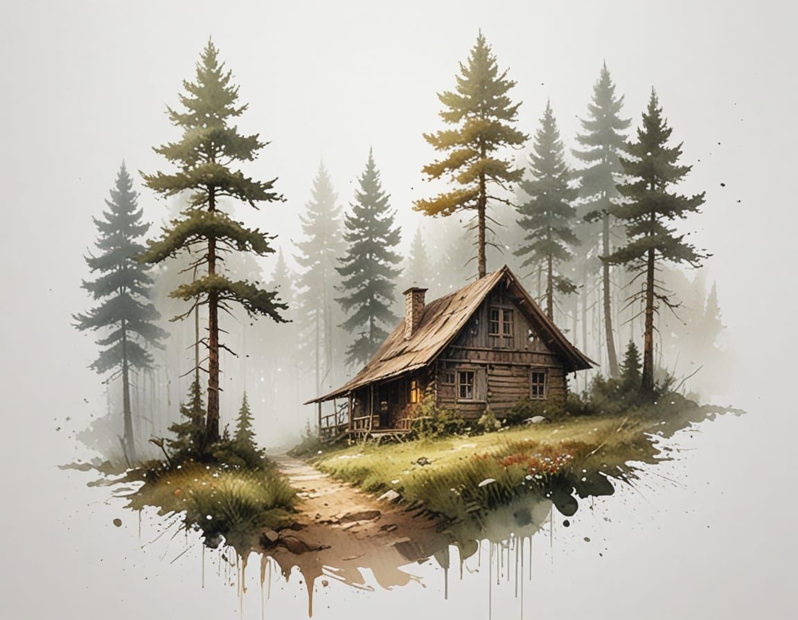 Misty Cabin in Foggy Woods, Watercolour Art