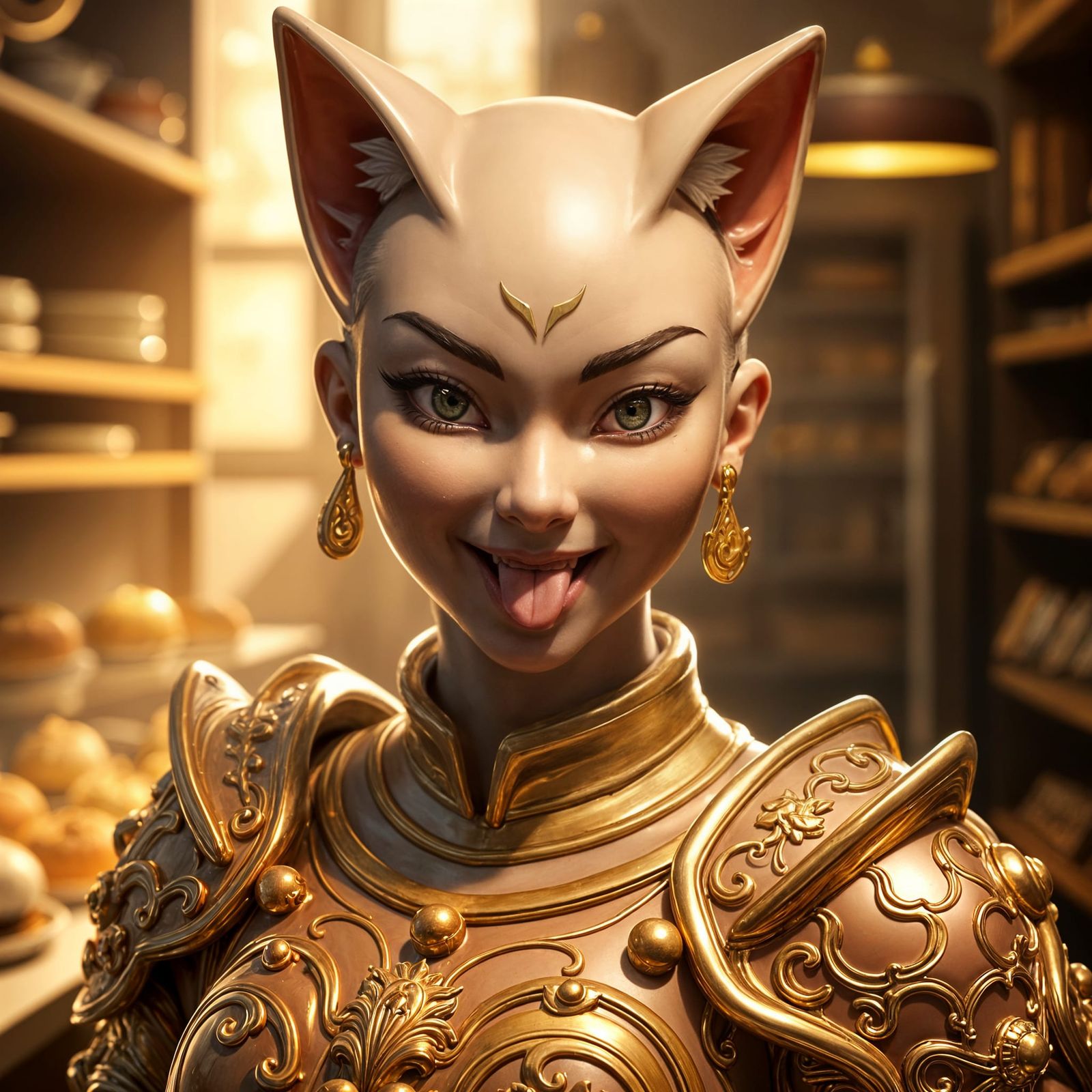 Muscular Cat-Eared Woman Statue in Hyperrealistic Style