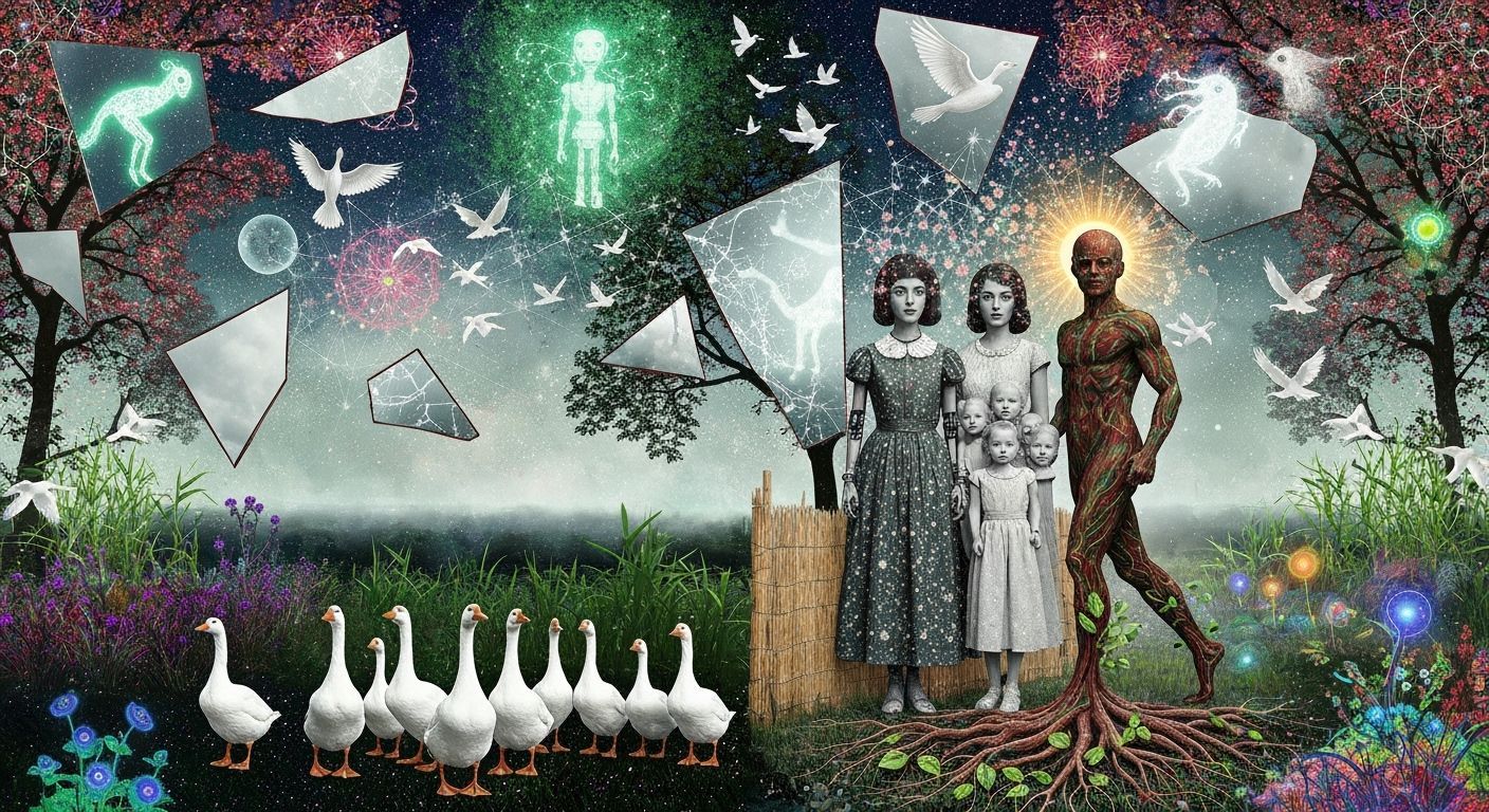 Mythical Creatures in Surreal Eco-Garden Collage