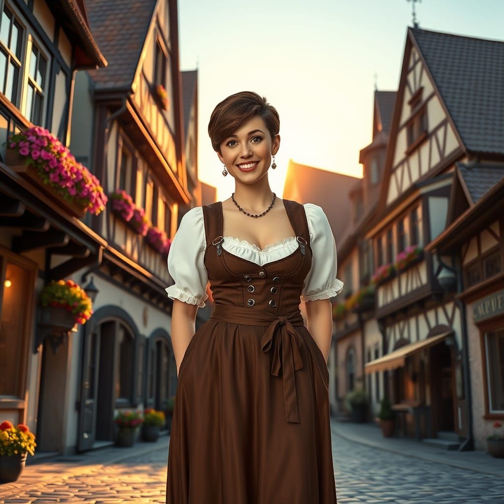 Warm Cheerful German Village Woman Standing Amidst Timeless....