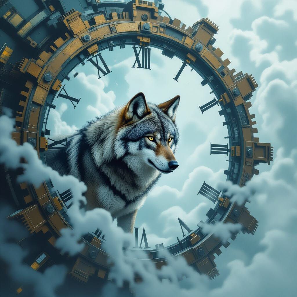 Wolf in Time Portal: Retro-Futuristic Digital Art