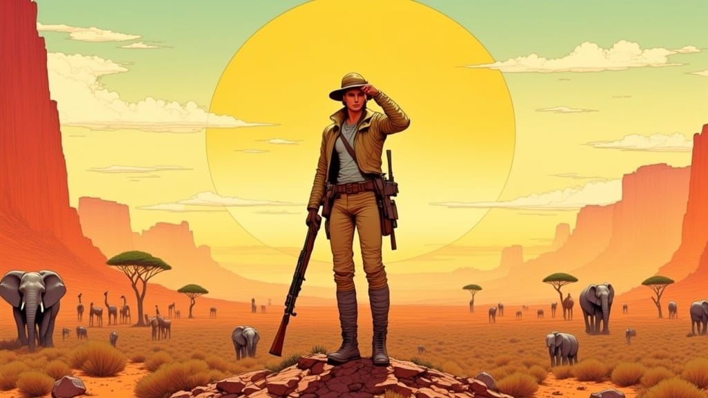 Futuristic Explorer on African Savannah, Vintage Sci-Fi Illu...