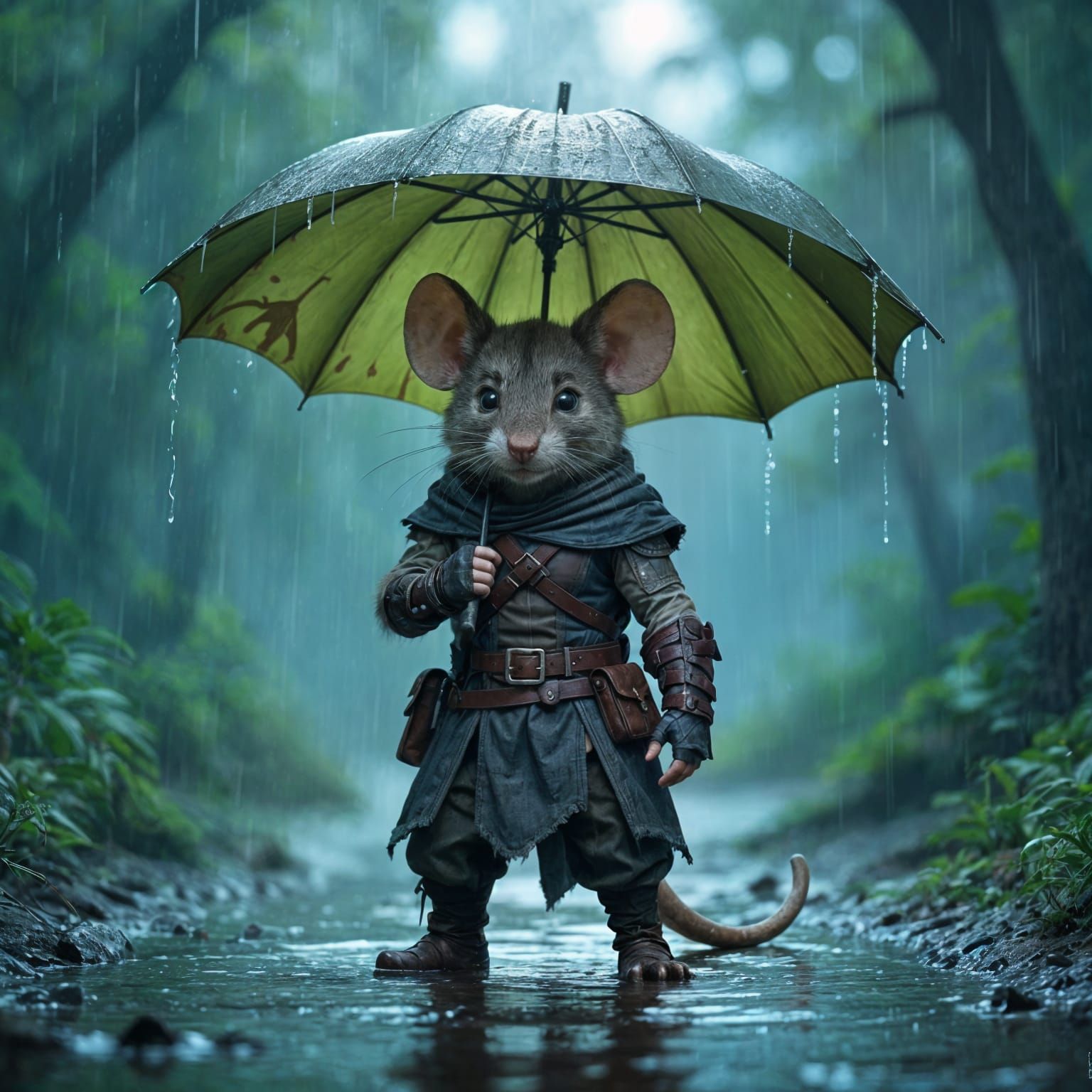 Mouse Adventurer in Rain: Dark Fantasy Style
