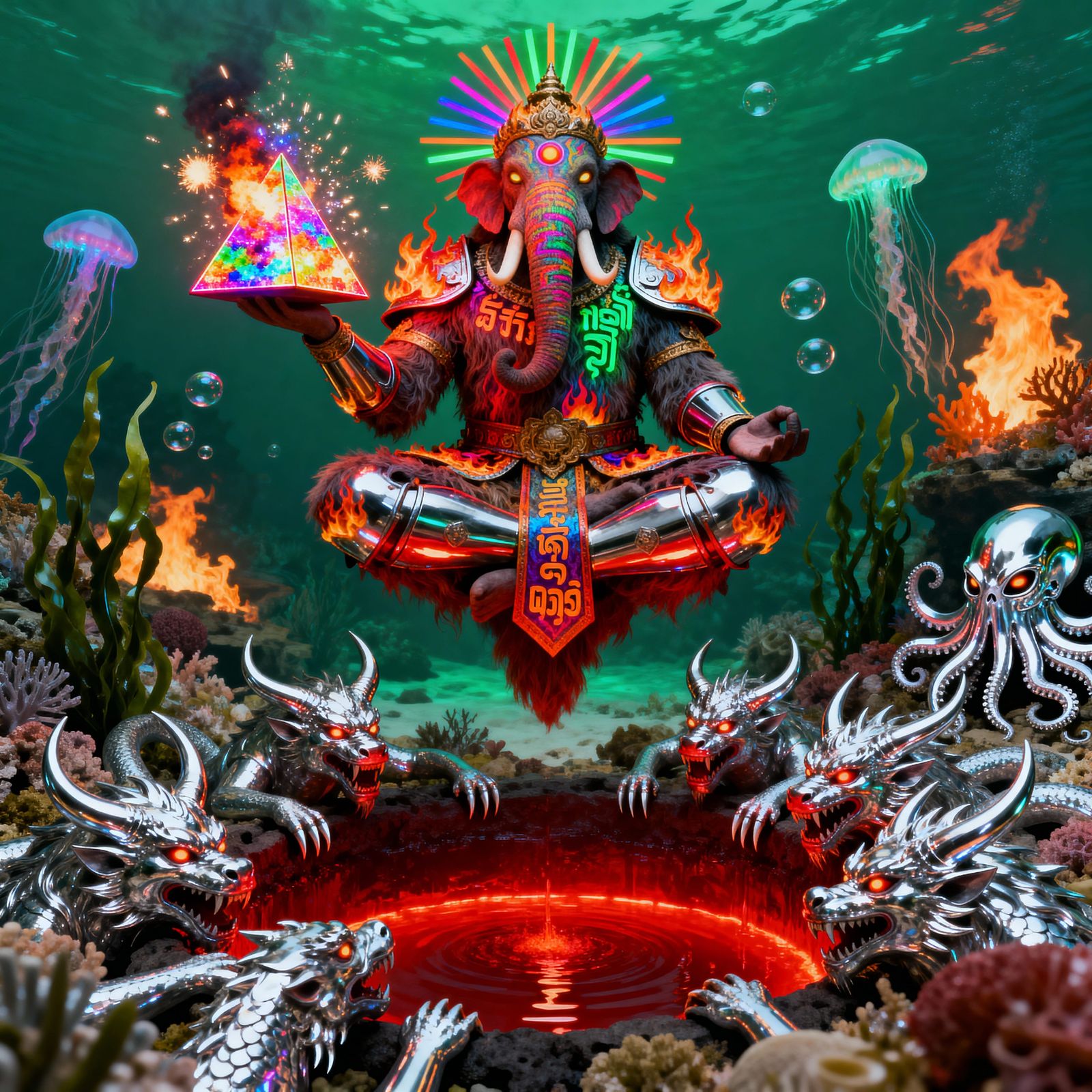 Warlord God Mammoth with Fiery Armor and Glowing Pyramid