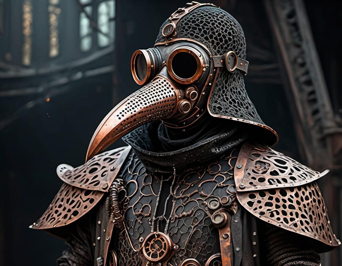Steampunk Plague Doctor in Post-Apocalyptic Scene