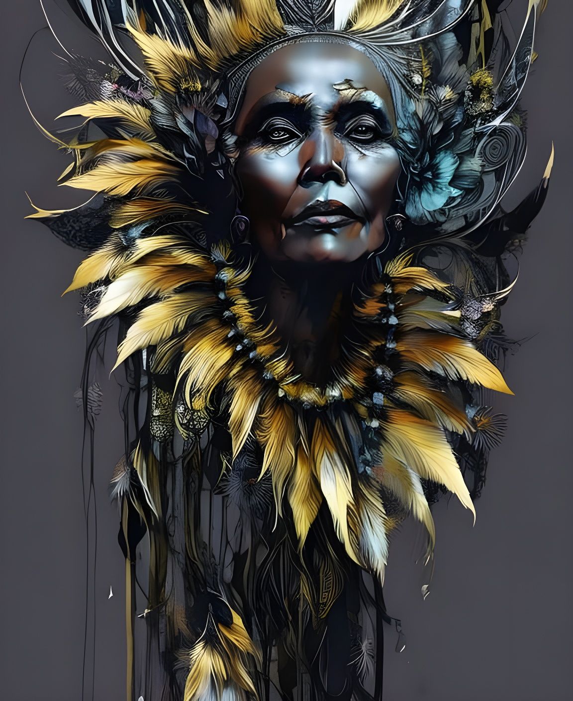Expressive Portrait with Black Sunflowers and Aura