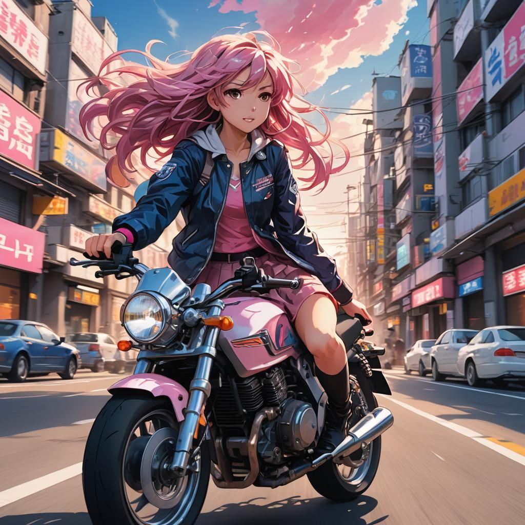 Anime Girl on Motorcycle: Vibrant Manga Illustration