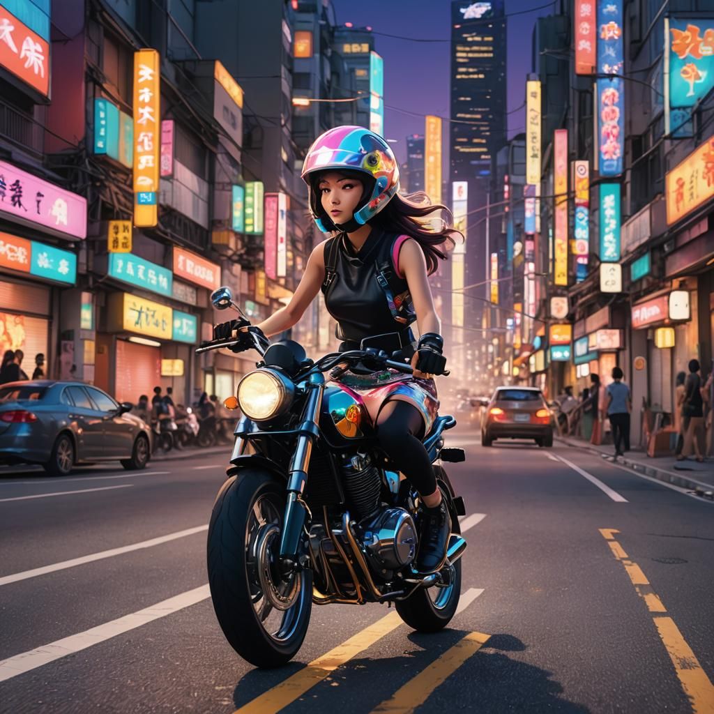 Anime Woman on Motorcycle in Neon Cityscape