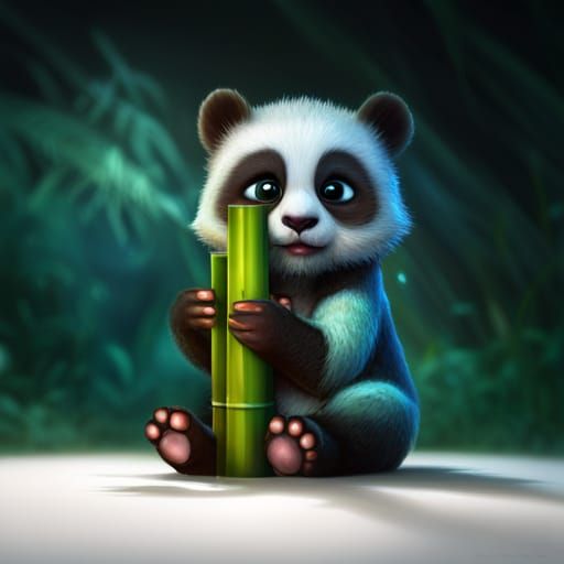 Baby Panda Eating Bamboo in the Rain