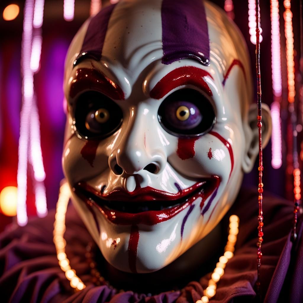 Terrifying Ghostface Clown Hybrid in Abandoned Carnival