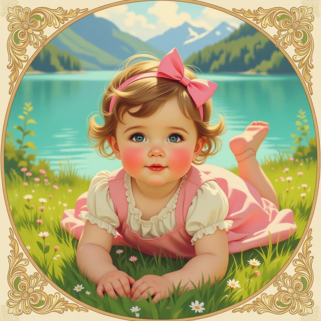 Serene Baby Girl in Meadow, Art Nouveau Style
