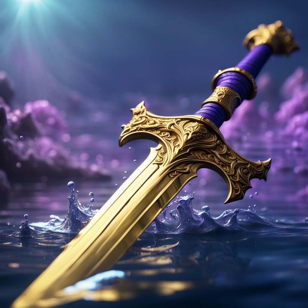 Blue and Gold Sword on Water: Dark Fantasy Art